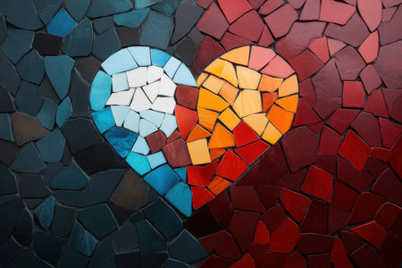 Colorful mosaic heart design with red and blue patterns.の写真素材