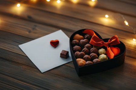 Heart-shaped box of assorted chocolates with note on wooden surface with fairy lights.の写真素材