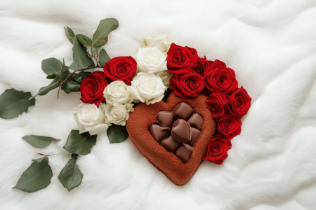 Heart-shaped box of chocolates with red and white roses on soft white fabric.の写真素材