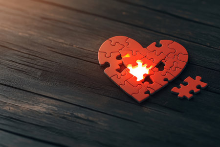 Glowing heart shaped jigsaw puzzle with missing piece on dark wooden surface.の写真素材