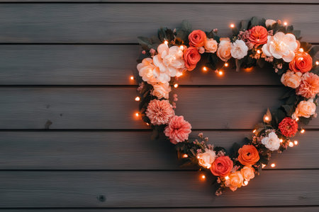 Heart-shaped floral wreath with lights on wooden wall.