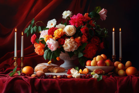 Elegant flower arrangement with fresh fruits and bread on luxurious red fabric.の写真素材