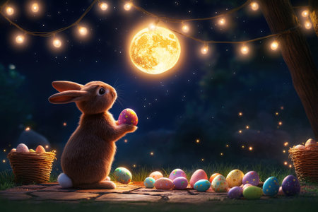 Cute bunny enjoying easter under a full moon with colorful eggs and twinkling lights.