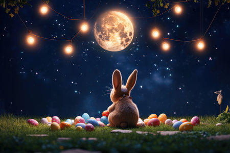 Rabbit gazing at moonlit sky with colorful easter eggs under string lights.の写真素材