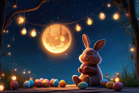 Whimsical rabbit with easter eggs under moonlit night sky.