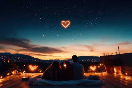 Romantic evening under starry sky with heart lights and cozy atmosphere.の写真素材