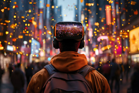 Young male experiencing virtual reality in busy urban Asian street at night.の写真素材