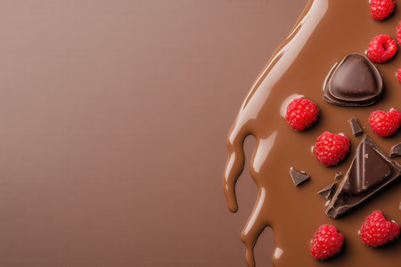 Melted chocolate with raspberries and chunks on a brown background.