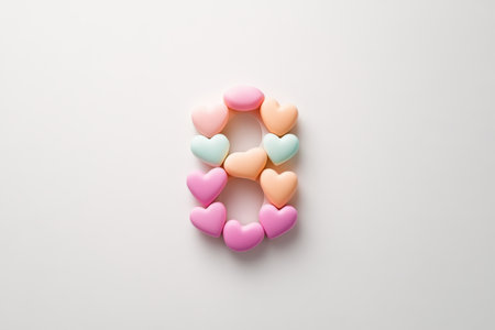 Heart-shaped number eight made of colorful candy hearts on white background.の写真素材