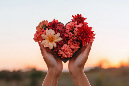 Heart-shaped flower arrangement in hands at sunset.の写真素材