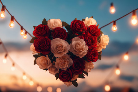 Heart-shaped bouquet of red and white roses with romantic string lights at sunset.の写真素材