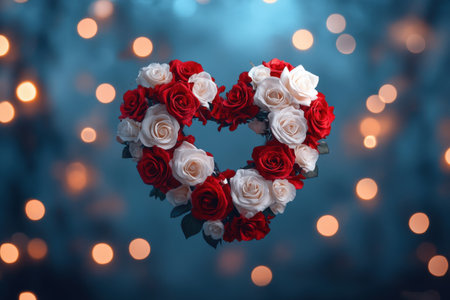 Heart-shaped rose arrangement with red and white roses on a bokeh background.の写真素材