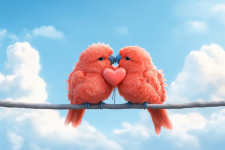 Pair of adorable orange birds sharing heart-shaped fruit on a branch under blue sky.の写真素材