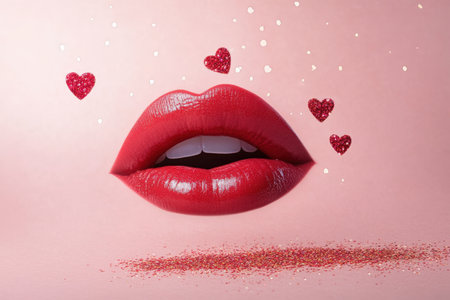 Red lips on pink background with heart accents and glitterの写真素材
