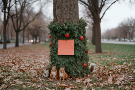 Squirrels gather around decorated tree with funny warning sign in parkの写真素材