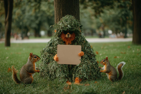 Camouflaged person with squirrels holding do not disturb sign in parkの写真素材