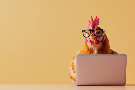 Chicken wearing glasses using laptop against yellow backgroundの写真素材