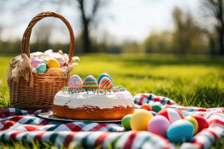 Colorful easter eggs and festive cake in sunny outdoor setting.の写真素材
