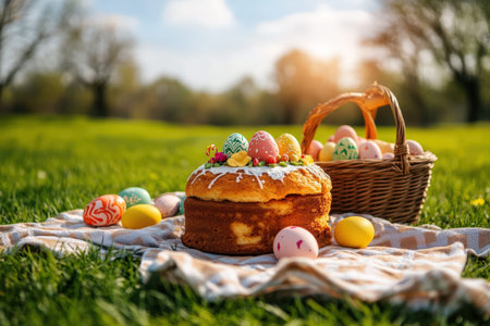 Festive easter cake with colorful eggs on picnic blanket outdoors in sunny field.