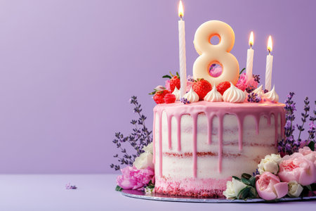 Vibrant eight birthday cake with pink drip and floral decorations.の写真素材