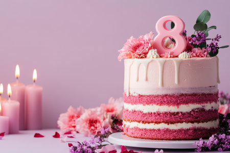 Pink layer cake with number eight candles and flowers for celebration.の写真素材