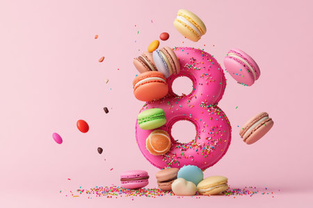 Colorful macarons and sprinkled number eight on pink background.の写真素材