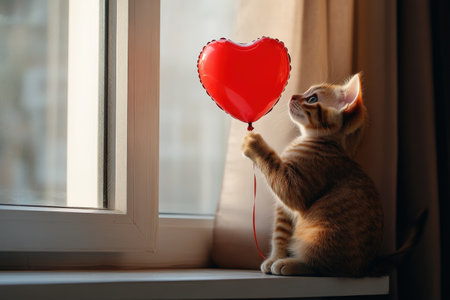 Cute kitten playing with heart-shaped balloon by window.の写真素材