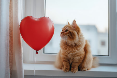Fluffy ginger cat with red heart balloon on window sill.の写真素材
