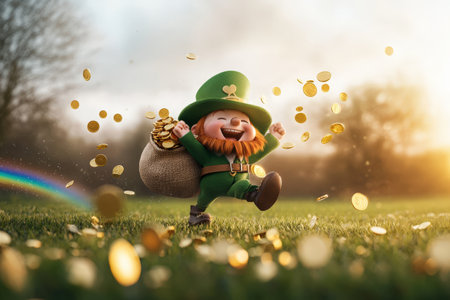 Cheerful leprechaun with pot of gold in lush green field with rainbow.の写真素材
