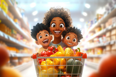 African family shopping in grocery store: happy mother with children and fresh vegetables.の写真素材
