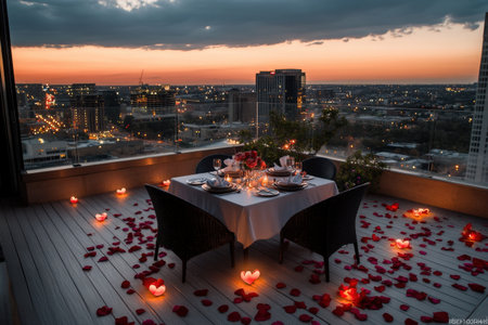 Romantic rooftop dinner setup with city skyline at sunset.の写真素材