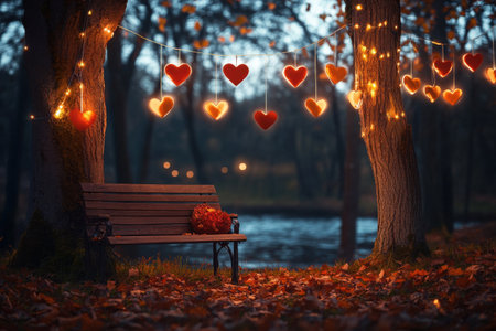 Romantic autumn evening with heart-shaped lights and bench by a river.の写真素材