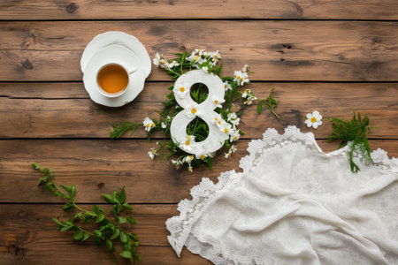Rustic wooden table with tea cup, floral number eight, and lace fabric.の写真素材