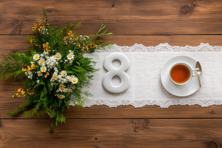 Elegant floral arrangement with number 8 and tea on wooden table.