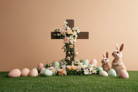 Easter cross with flowers and rabbits on grass surrounded by colored eggs.の写真素材