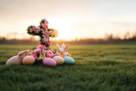 Springtime easter scene with floral cross, bunnies, and colorful eggs at sunrise.