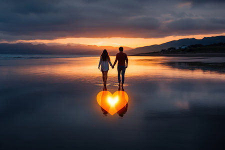 Romantic beach sunset with heart reflection and young couple holding hands.の写真素材