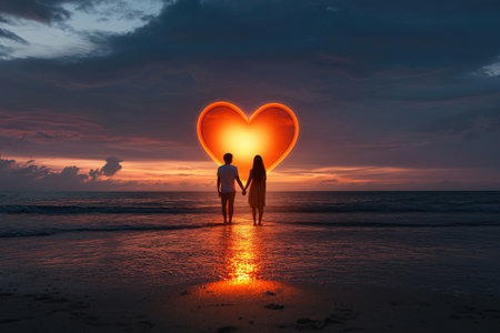 Romantic sunset for a couple holding hands by the ocean with a heart shape in the sky.の写真素材