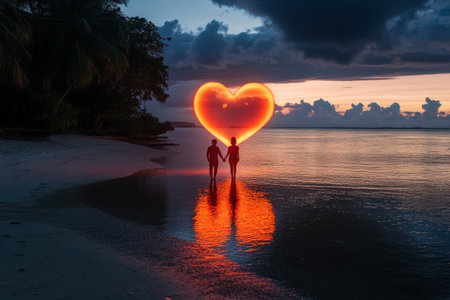 Romantic beach couple at sunset with glowing heart reflection.の写真素材