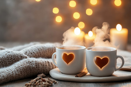 Cozy winter scene with two heart-embellished mugs, candles, and warm blanket.の写真素材