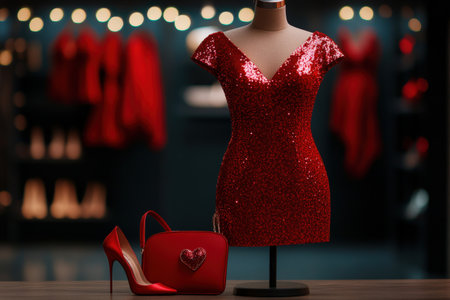 Elegant sparkling red dress display with matching heels and heart purse in modern showroom.の写真素材