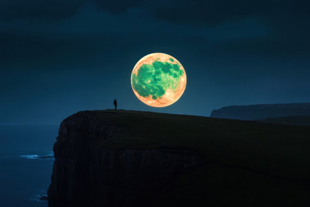 Silhouette of person on cliff with large moonlit sky at night.の写真素材