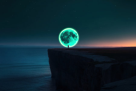 Silhouetted figure on cliff with neon moon in night sky.の写真素材