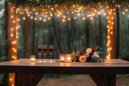 Romantic evening setup with wine, candles, and floral arrangement outdoors.の写真素材