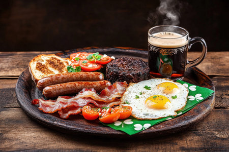 Delicious irish breakfast with fried eggs, bacon, sausages, tomatoes, and black pudding.の写真素材