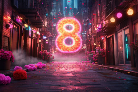 Neon number eight in festive urban alleyway with colorful lights and flowers.の写真素材