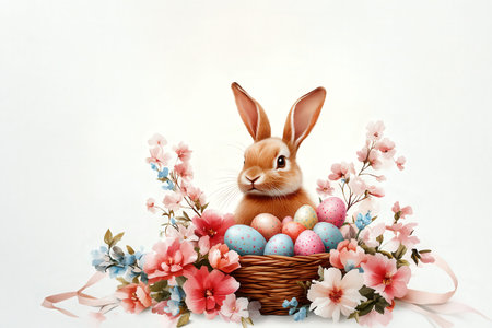 Cute bunny with colorful easter eggs and spring flowers.