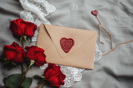 Romantic love letter with red roses, wax seal, and heart pendant on lace fabric.の写真素材