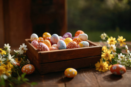 Colorful easter eggs in wooden box surrounded by spring flowers outdoors.の写真素材