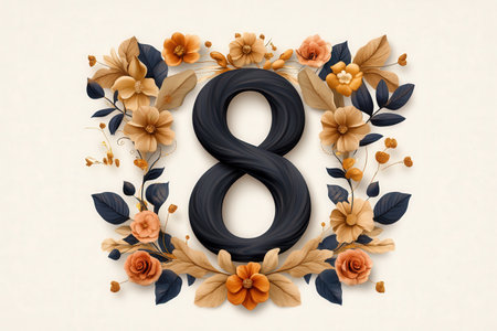 Elegant floral number eight with autumn flowers and leaves on cream background.の写真素材